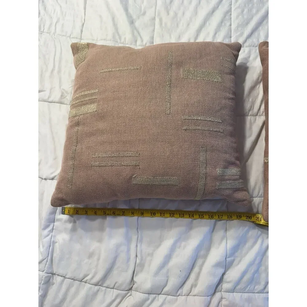 Lot of 2 West Elm Embroidered Metallic Block Pillow Covers & Inserts Pink Stone